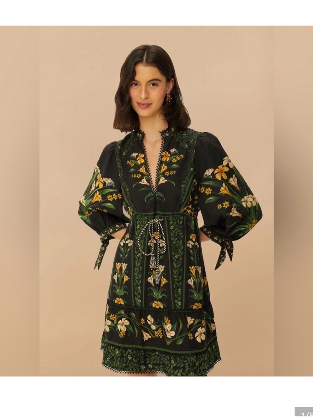 Black Floral Tie-Waist Puff Sleeve Mini Dress
